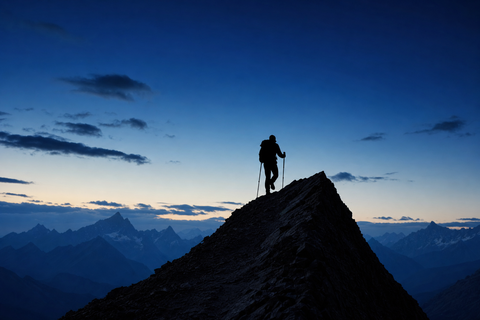 Hiker silhouette on a mountain ridge at dusk